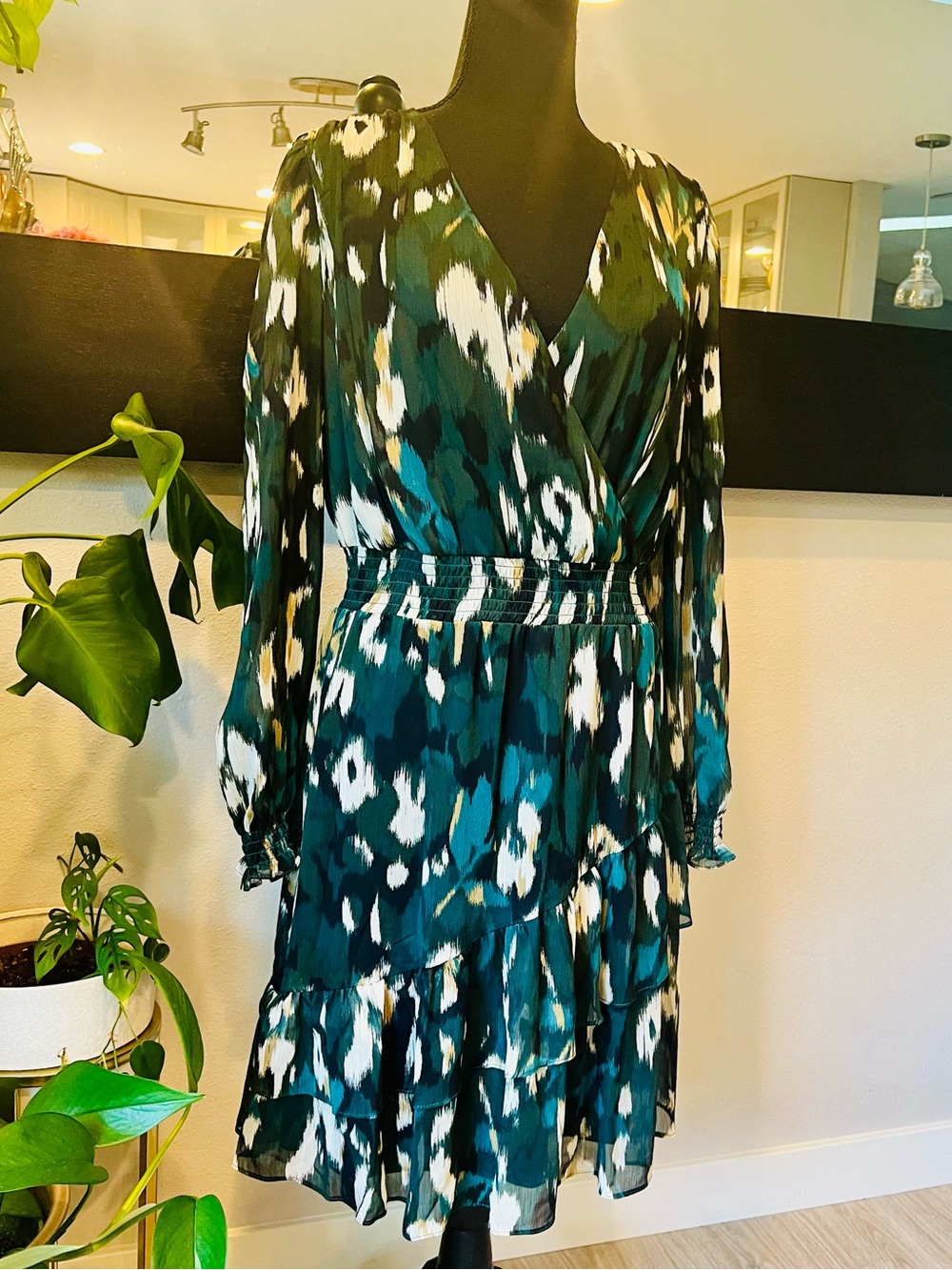 Harper Teal, White & Black Printed Long-Sleeve Wrap Dress